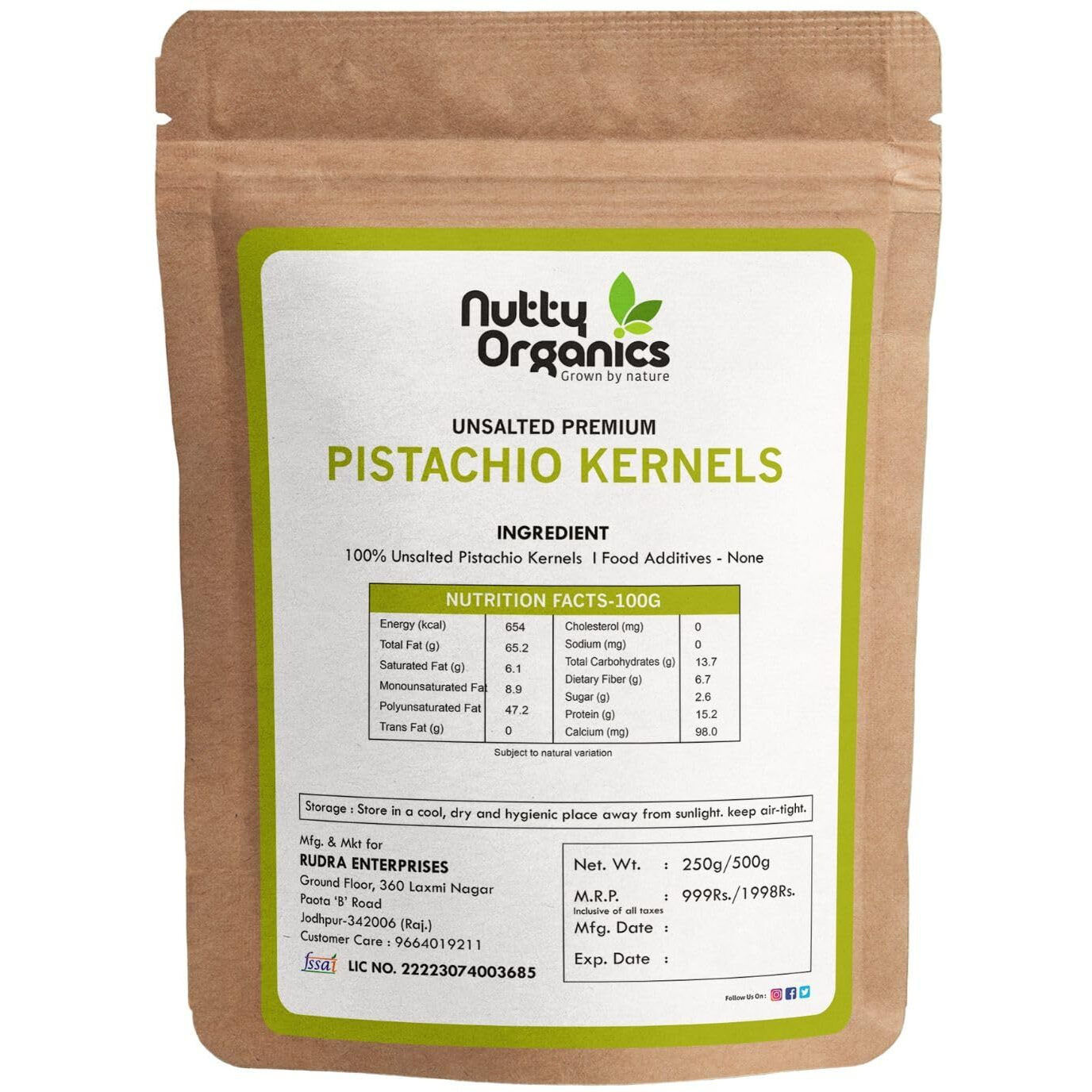 NUTTY ORGANICS Premium Unsalted Whole Pista Kernels - 250G | Imported | Fresh & Crunchy | (Grade A ++ Nuts, Premium Jumbo Size, Imported) - Air Tight Pouch