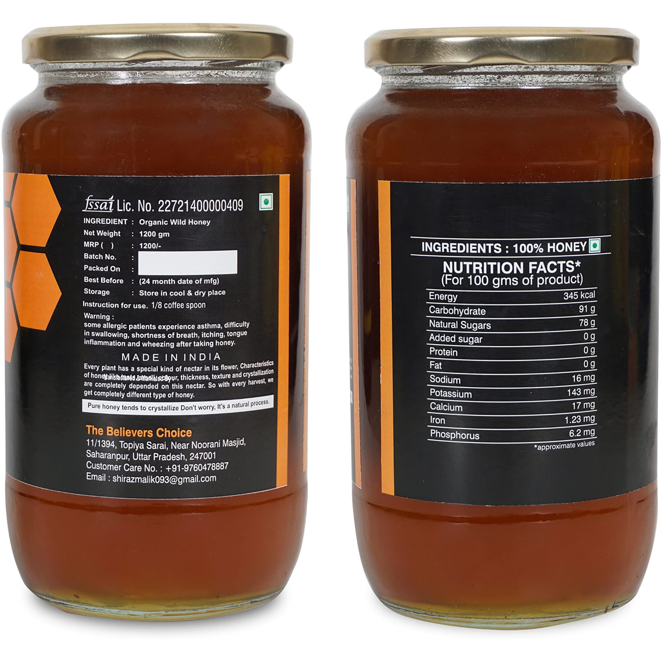 The Believers Choice Raw Organic Forest Honey, Wild, Unprocessed, Unheated, Original Honey 100% Pure and Natural, Non Pasteurized,Collected from Deep Forest - 1200 Grams Glass Jar (Pack of 1)