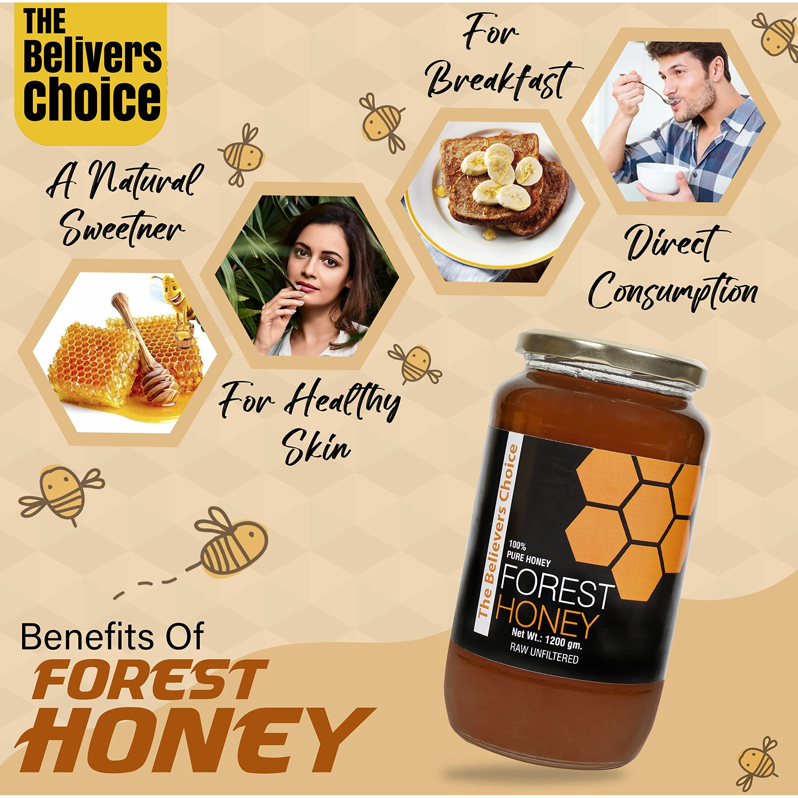 The Believers Choice Raw Organic Forest Honey, Wild, Unprocessed, Unheated, Original Honey 100% Pure and Natural, Non Pasteurized,Collected from Deep Forest - 1200 Grams Glass Jar (Pack of 1)