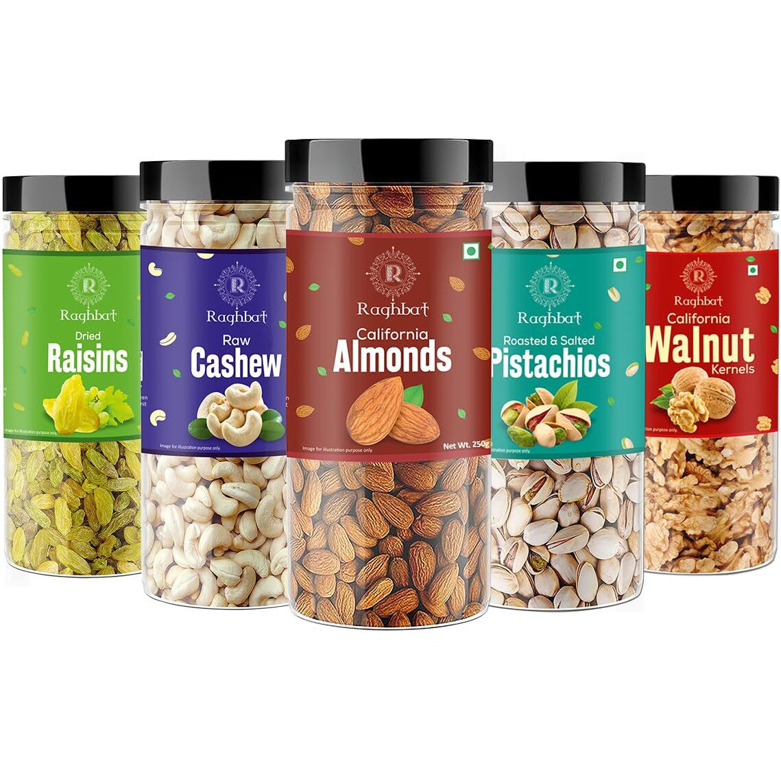 Raghbat Dry fruits combo pack of 5 Healthy Badam, Kaju, Pista, Kishmish, Akhrot 1.25 KG- Almonds, Cashews, Pistachios, Raisins, Walnuts