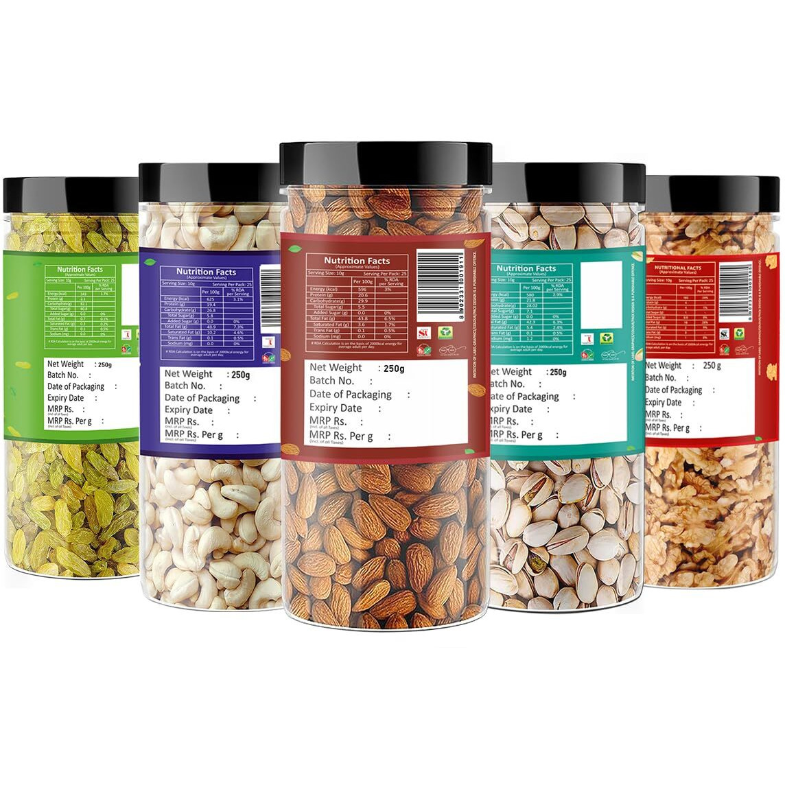 Raghbat Dry fruits combo pack of 5 Healthy Badam, Kaju, Pista, Kishmish, Akhrot 1.25 KG- Almonds, Cashews, Pistachios, Raisins, Walnuts