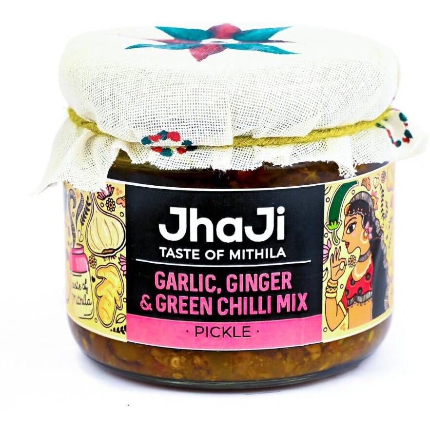 JhaJi - Taste of Mithila Garlic, Ginger, Chilli Mix Pickle | Lahsun Adrak Mirch Ka Achar | Medium Spicy, Salty, Tangy, Chatpata Aftertaste | Bihari-Style Homemade Pickle, 250G/500G