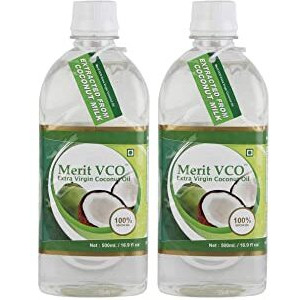 Merit Vco Extra Virgin Coconut Oil - Pack of 2 (500 Ml Each) | 100% Pure, Edible Grade | For Cooking, Skin & Hair Health, Oil Pulling