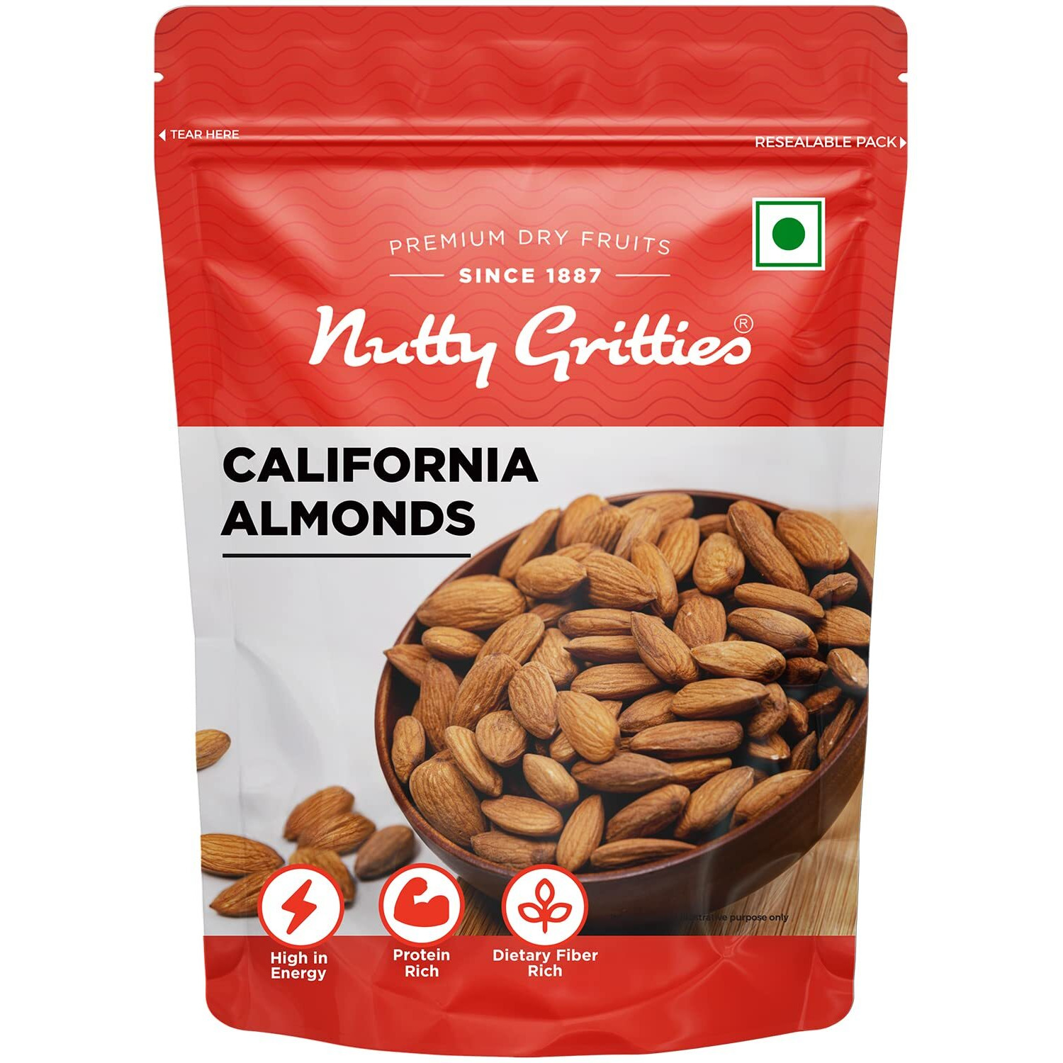 Nutty Gritties Premium California Almonds Badam, 1Kg, Raw American Almonds, 100% Natural | Resealable Pouch