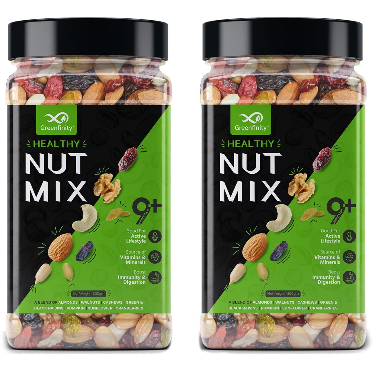 GreenFinity Absolute Health, Premium Fruit, Nut & Fiber SuperMix, Healthy Mixed Nuts with Dry Fruits | Almonds | Cashews | Cranberry | Pumpkin Seeds | Walnuts, Reusable Jar, 1kg | PACK OF 2