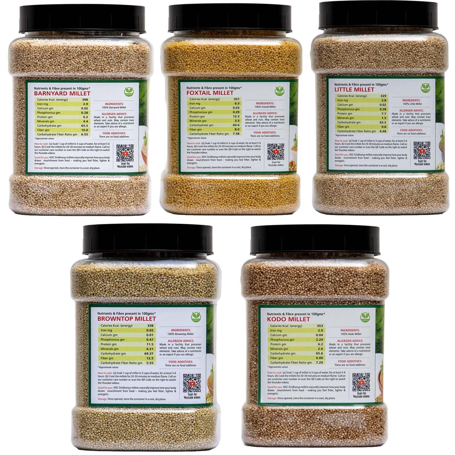 HDC Siridhanya Unpolished and organic 5 positive millets Little, Kodo, Foxtail, Barnyard and browntop each millet 900gm, Narurally Grown from Andhra Pradesh