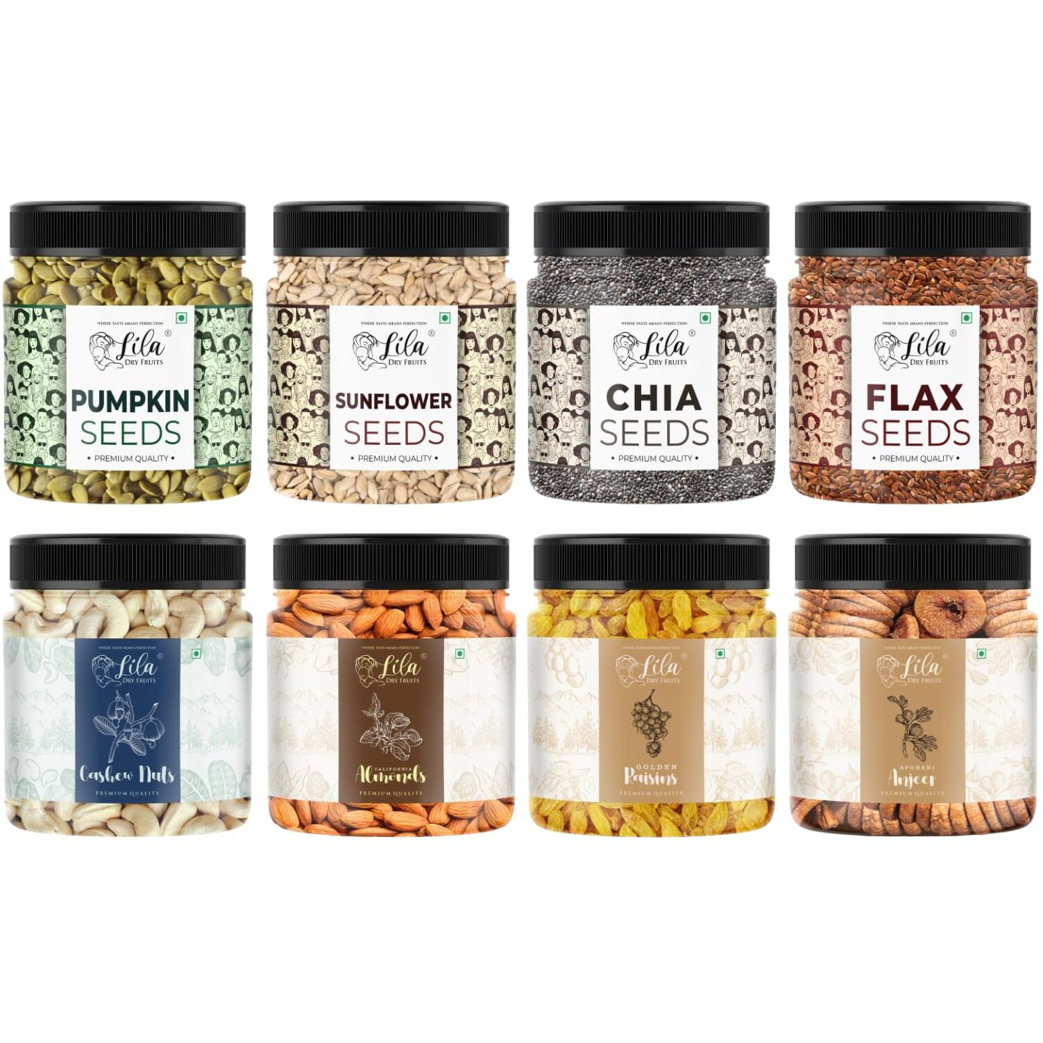 Lila Dry Fruits Superseeds and DryFruits Combo (100 Gms x 8) Jar pack | Chia Flax Pumpkin Sunflower Seed + Cashew Almond Fig Raisin | Daily Snacks for Healthy Diet | Rich in Protiens Minerals