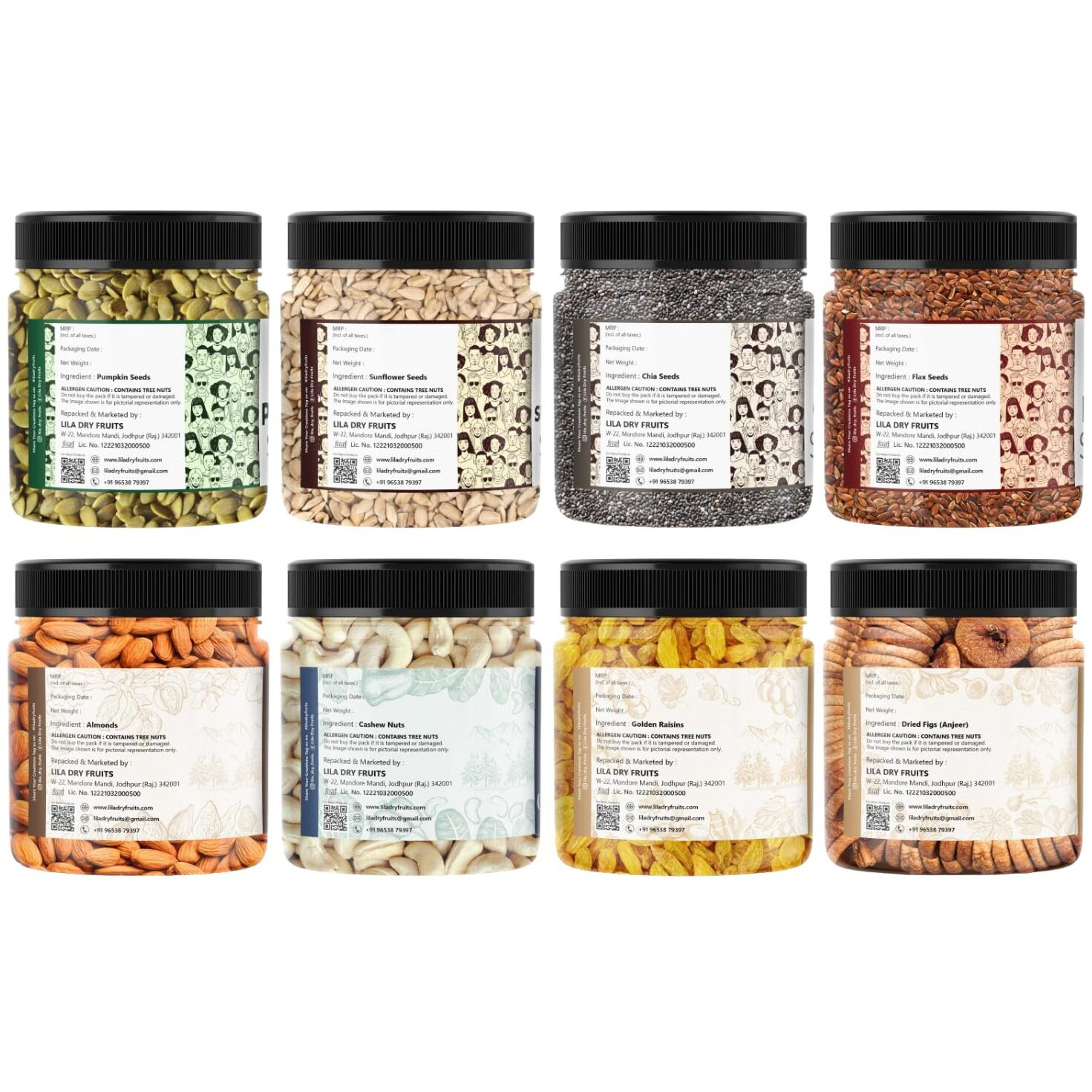 Lila Dry Fruits Superseeds and DryFruits Combo (100 Gms x 8) Jar pack | Chia Flax Pumpkin Sunflower Seed + Cashew Almond Fig Raisin | Daily Snacks for Healthy Diet | Rich in Protiens Minerals