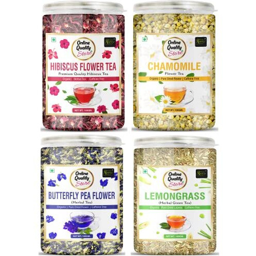 Online Quality Store Hibiscus Flower Tea, Butterfly Pea Tea, Chamomile Tea, Lemongrass Tea-100G Each Hibiscus, Chamomile, Lemon Grass Herbal Tea Mason Jar (4 X 100 G), 400 grams