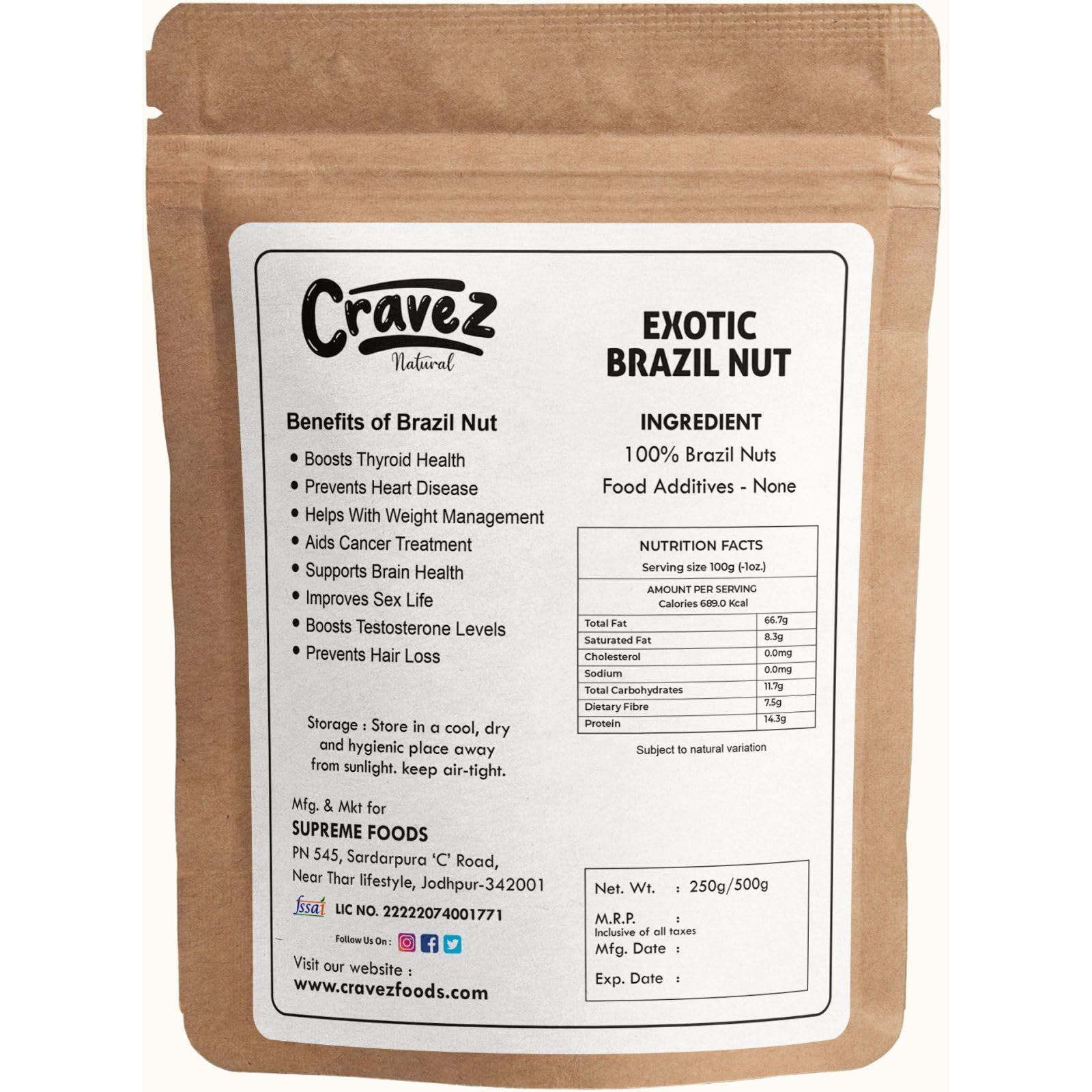 Cravez Natural Exotic Brazil Nuts - 500 Gm (Grade A ++ Nuts, Premium Jumbo Size, Imported) - Richest Natural Source Of Selenium