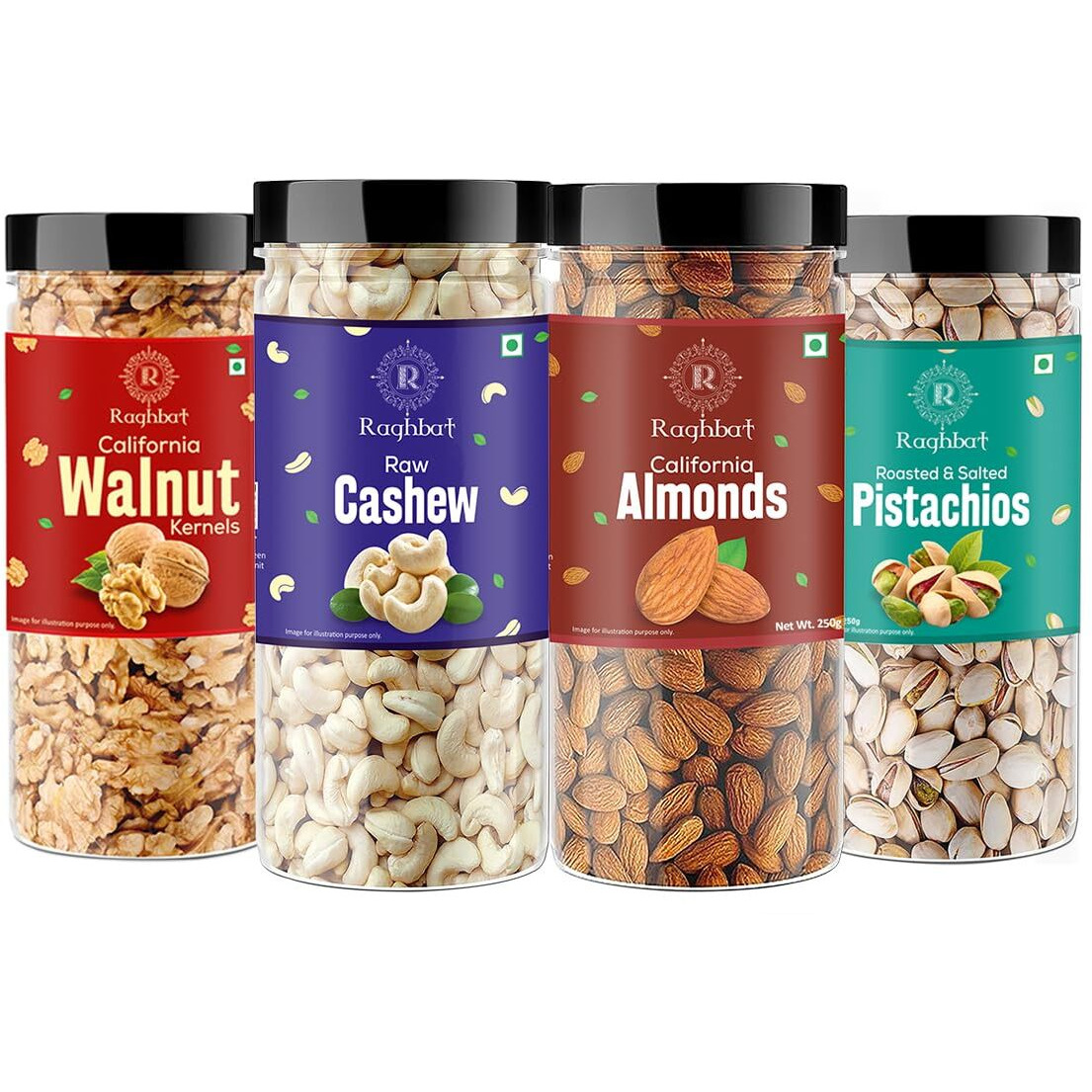 Raghbat Dry Fruits Combo Pack Of - (Badam, Kaju, Pistachio & Akhrot Giri 250g Each) 1kg- Almonds, Cashews, Pistachios, Walnuts