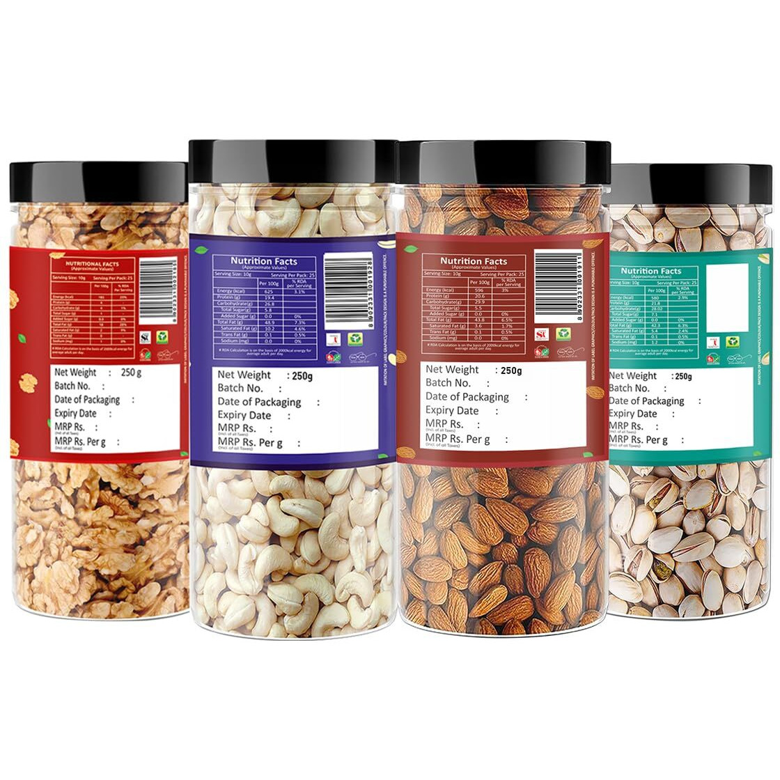 Raghbat Dry Fruits Combo Pack Of - (Badam, Kaju, Pistachio & Akhrot Giri 250g Each) 1kg- Almonds, Cashews, Pistachios, Walnuts