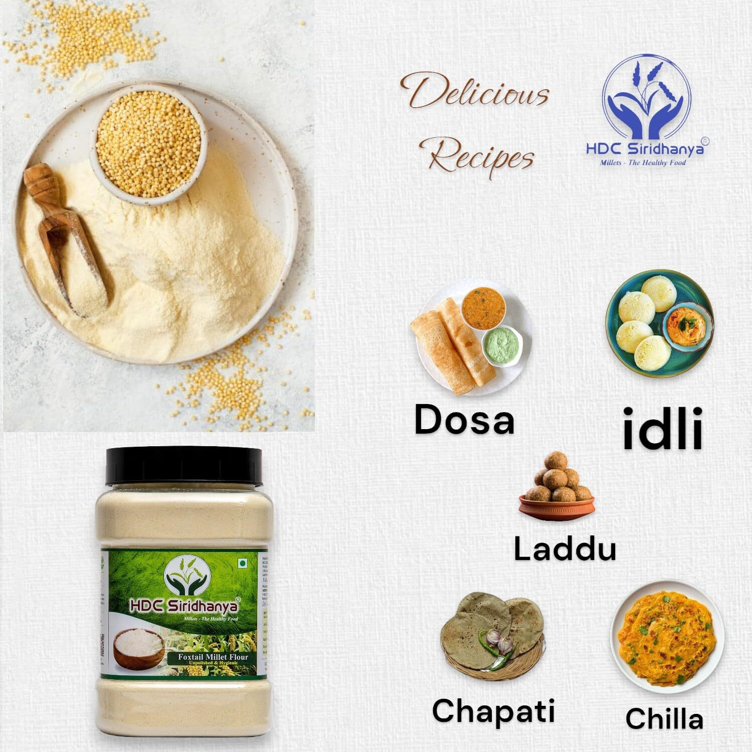 HDC Siridhanya unpolished and organic 5 positive bucchi method prepared millets Flour kodo little brown top foxtail and barnyard millets flour, each Jar Gwt. 1000gm