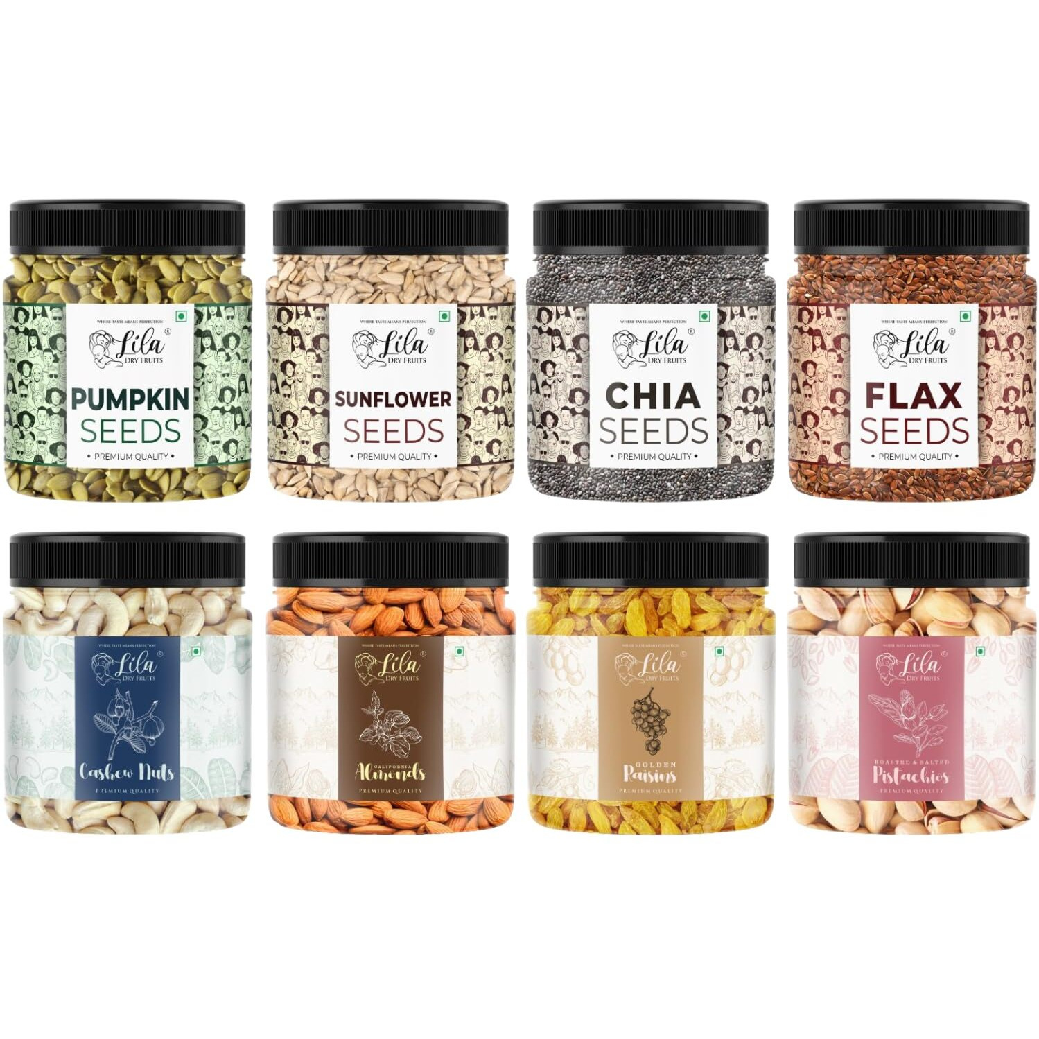 Lila Dry Fruits Superseeds and DryFruits Combo (100 Gms x 8) Jar pack | Chia Flax Pumpkin Sunflower Seed + Cashew Almond Pista Raisin | Daily Snacks for Healthy Diet | Rich in Protiens Minerals