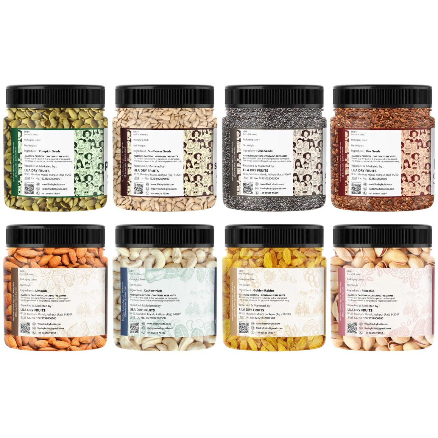 Lila Dry Fruits Superseeds and DryFruits Combo (100 Gms x 8) Jar pack | Chia Flax Pumpkin Sunflower Seed + Cashew Almond Pista Raisin | Daily Snacks for Healthy Diet | Rich in Protiens Minerals