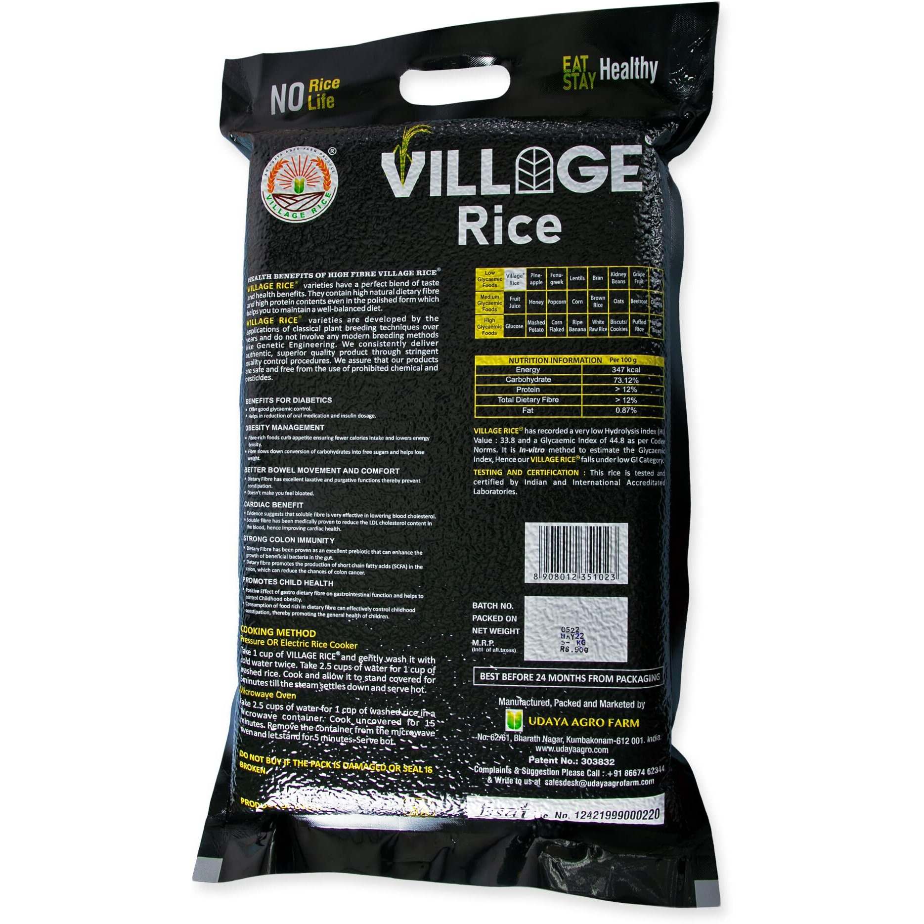 Village Rice Highest Soluble High Dietary Fiber Rice with High Protein, Low Glycemic Index (GI) - 5Kg, Pack of 1