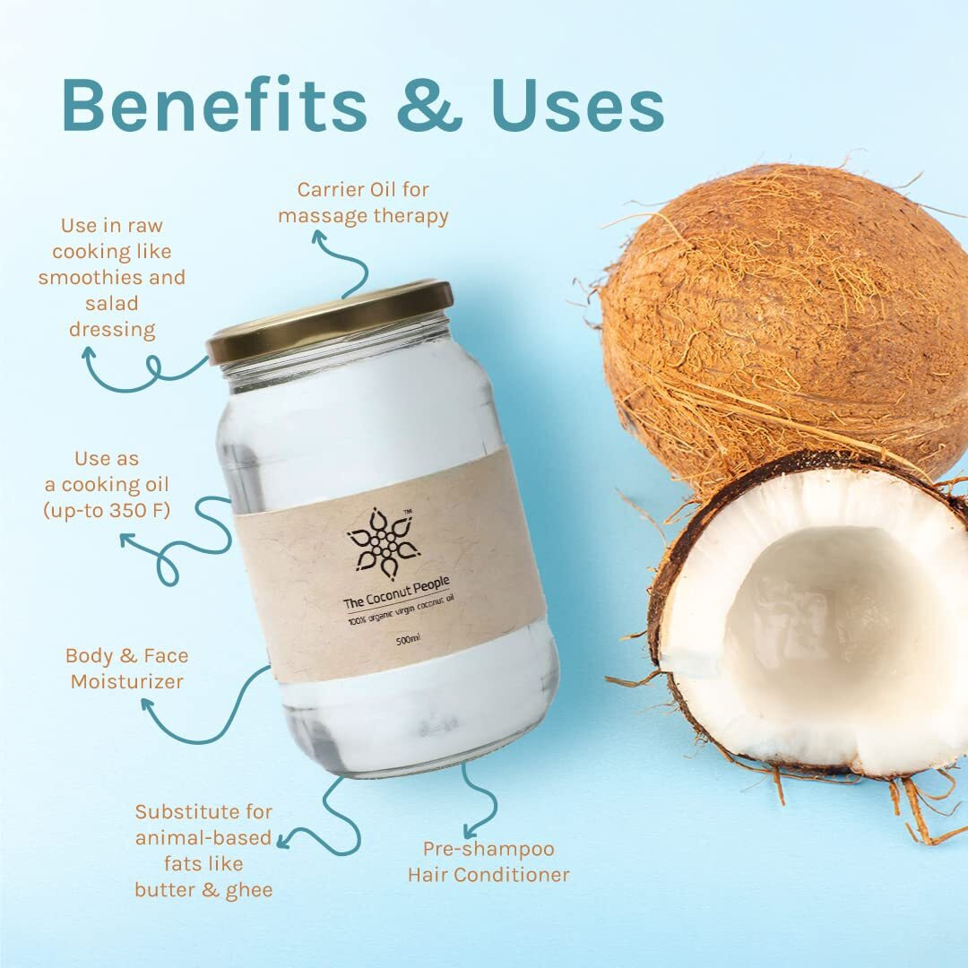 The Coconut People 100% Organic Virgin Coconut Oil Cold-Pressed, USDA Organic Certified, Vegan, Keto, Fresh Flavor and Aroma for Cooking & Healthy Skin and Hair - 500ml Jar