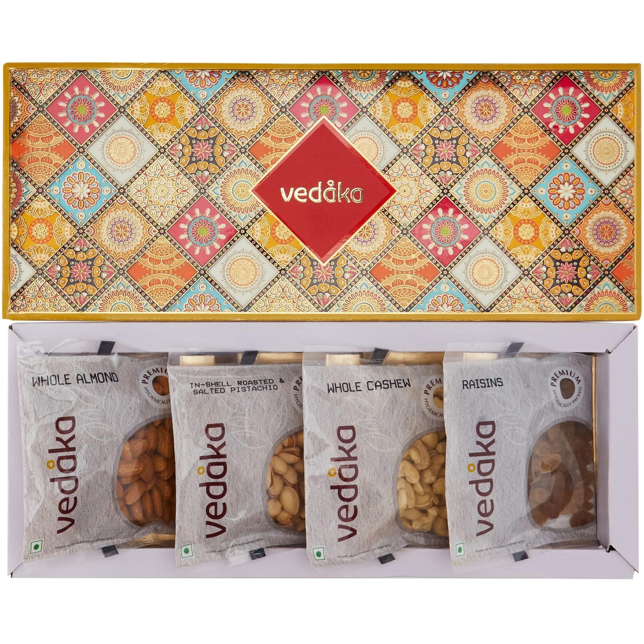 Amazon Brand - Vedaka Premium Dry Fruits Combo | Gift Box | 400 Gm | With Almond 100 Gm, Cashew 100 Gm, Raisin 100 Gm And Pistachio 100 Gm |