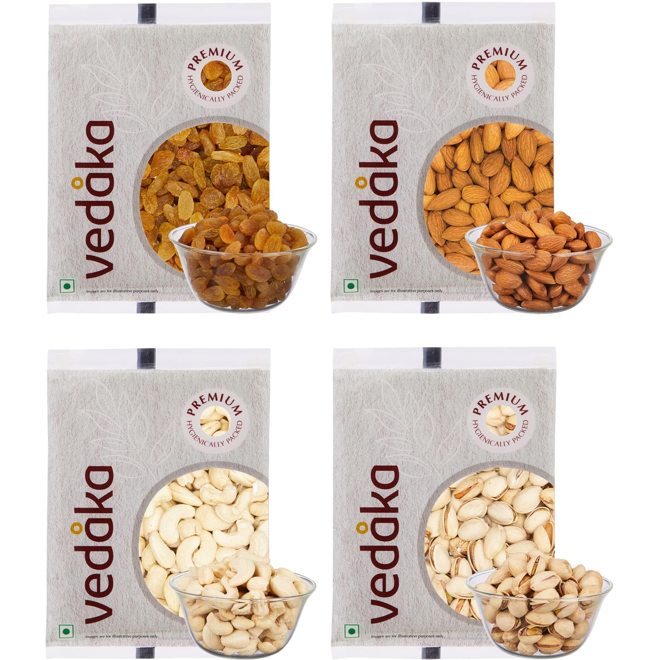 Amazon Brand - Vedaka Premium Dry Fruits Combo | Gift Box | 400 Gm | With Almond 100 Gm, Cashew 100 Gm, Raisin 100 Gm And Pistachio 100 Gm |