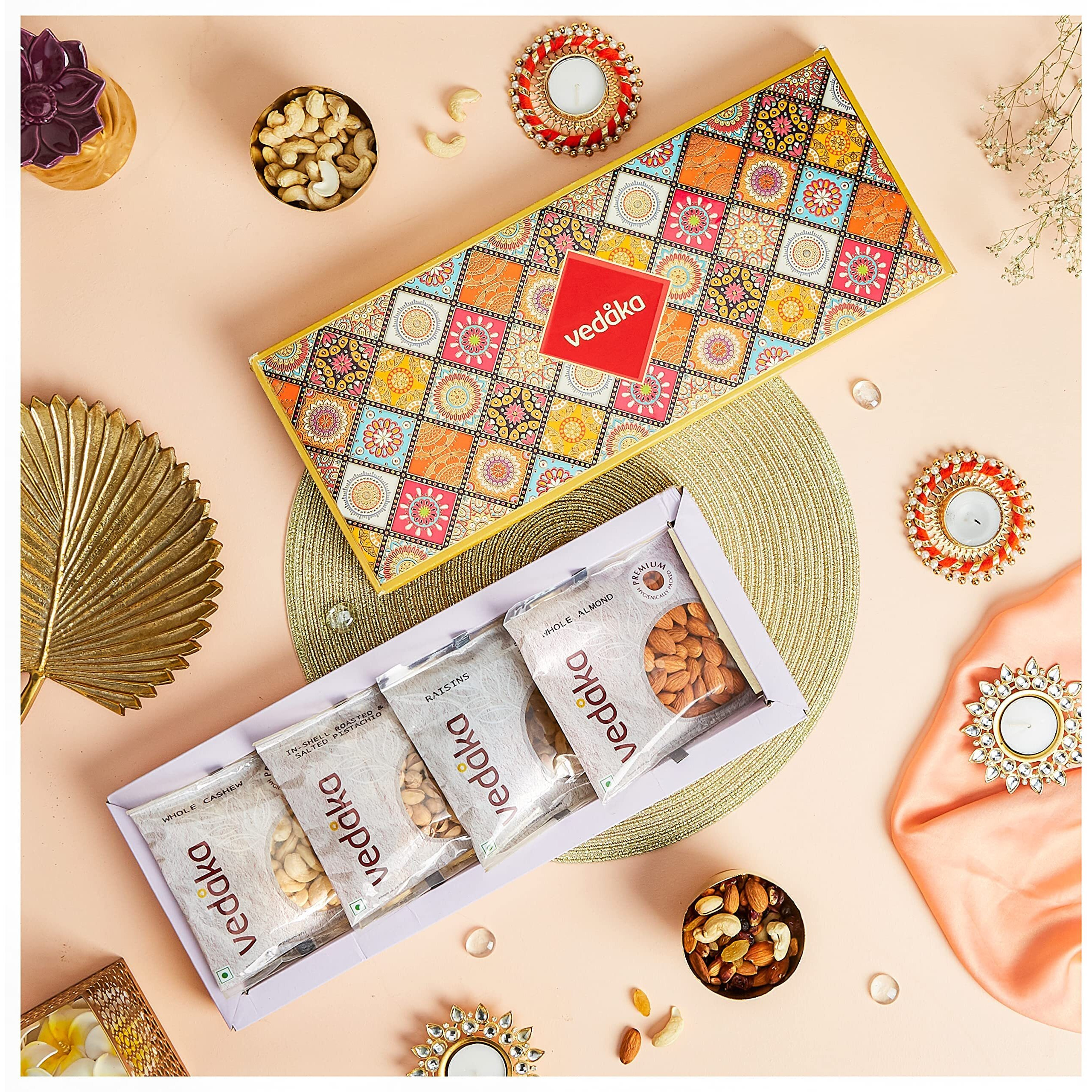Amazon Brand - Vedaka Premium Dry Fruits Combo | Gift Box | 400 Gm | With Almond 100 Gm, Cashew 100 Gm, Raisin 100 Gm And Pistachio 100 Gm |