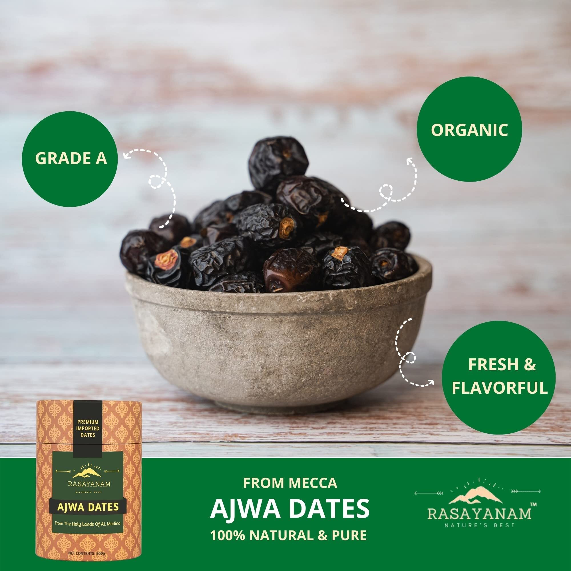 Rasayanam Madina Original Ajwa Dates khajoor (500 gms) | From the finest farms of Mecca | Fresh & Authentic dry fruits