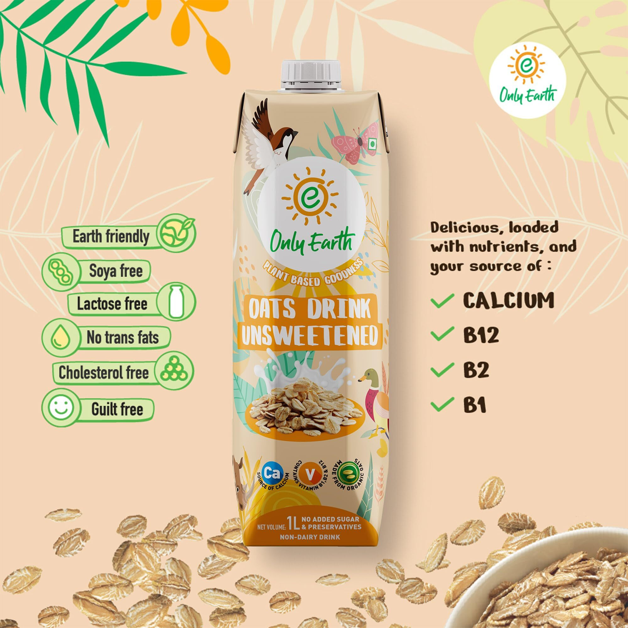 Only Earth Oats Beverage | Unsweetened Drink | Lactose Free | Preservatives Free | Plant Based | Dairy Alternative | Source of Calcium | Source of Vitamin B1, B2 & B12 1 Litre (Pack of 4)