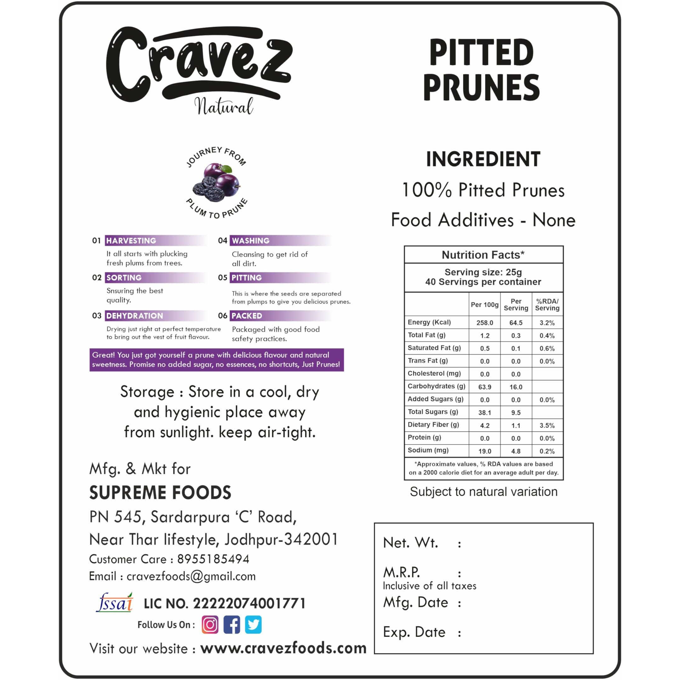 Cravez Premium California Pitted Prunes - 500gm | Dried Fruit Plums | Source of Fiber | No Added Sugar | Healthy Snack & Antioxidant Rich Pitted Prune