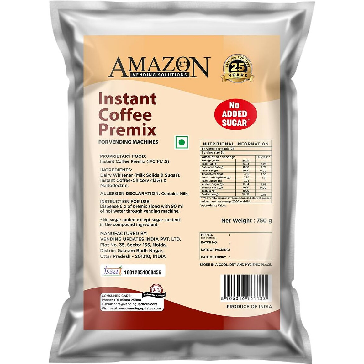 AMAZON 3 In 1 Instant Coffee Premix Powder No Added Sugar Pack Of 1 For Vending Machine | Manual Use, Bag