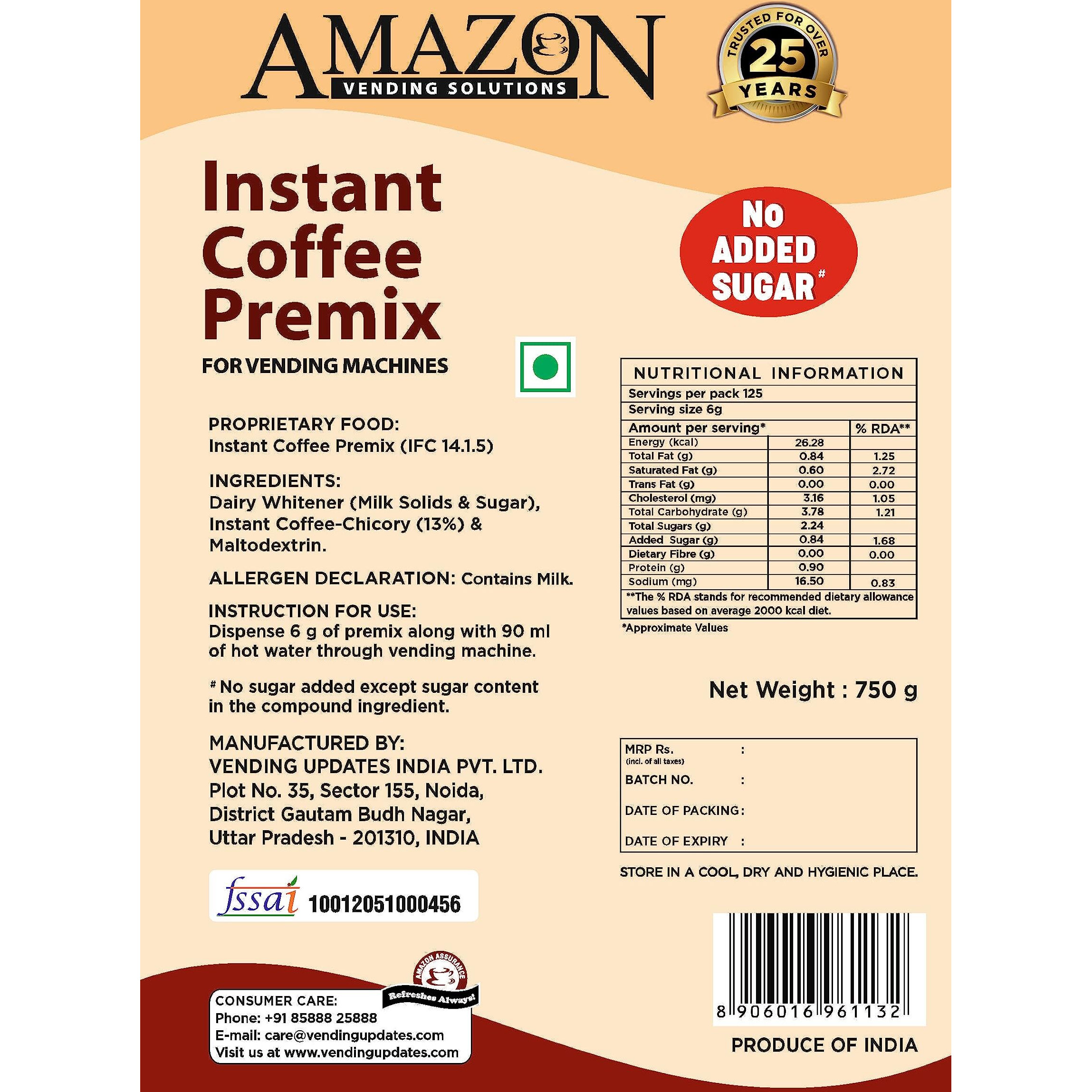 AMAZON 3 In 1 Instant Coffee Premix Powder No Added Sugar Pack Of 1 For Vending Machine | Manual Use, Bag