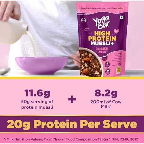 Yogabar Super High Protein Muesli 700g | 23g Protein | With Probiotics and Whey | No Refined Sugar | Easy on gut | Choco Almond | Protein Snack | High Fiber Food | Breakfast Cereal