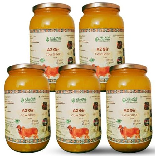 Village Company A2 Cow Desi Ghee 1000ML Pack of 5 | Gir Ghee Vedic Bilona Method | Organic Pure Natural | Two Way Curd Churned - Best Farm Fresh Grass Fed Cattle Milk | India Lab Certified | Glass Jar