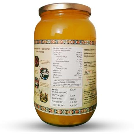 Village Company A2 Cow Desi Ghee 1000ML Pack of 5 | Gir Ghee Vedic Bilona Method | Organic Pure Natural | Two Way Curd Churned - Best Farm Fresh Grass Fed Cattle Milk | India Lab Certified | Glass Jar