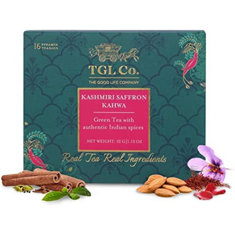 TGL Co. Kashmiri Saffron Kahwa Green Tea | Enhance Digestion | Boost Immunity | Relieves Stress | Improve Energy | Rich in Taste | 16 green tea bags
