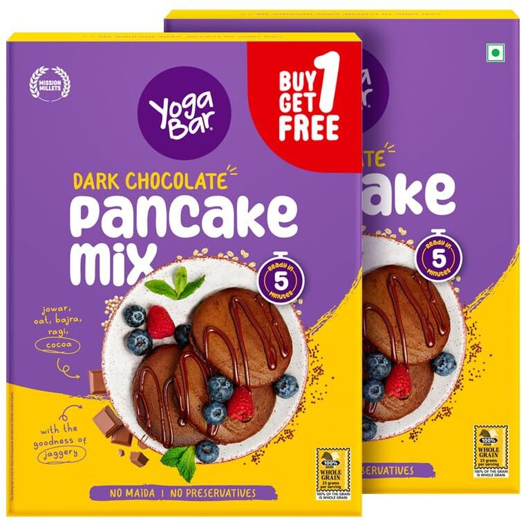 Yogabar Pancake Mix, Chocolate Pan Cake Mix Powder, 0 Maida, 0 Preservatives, Goodness Of Jowar, Oats, Bajra, Ragi, Healthy Breakfast For Children, Easy To Make Sunday Breakfast, Pack Of 2 - 150 Gram
