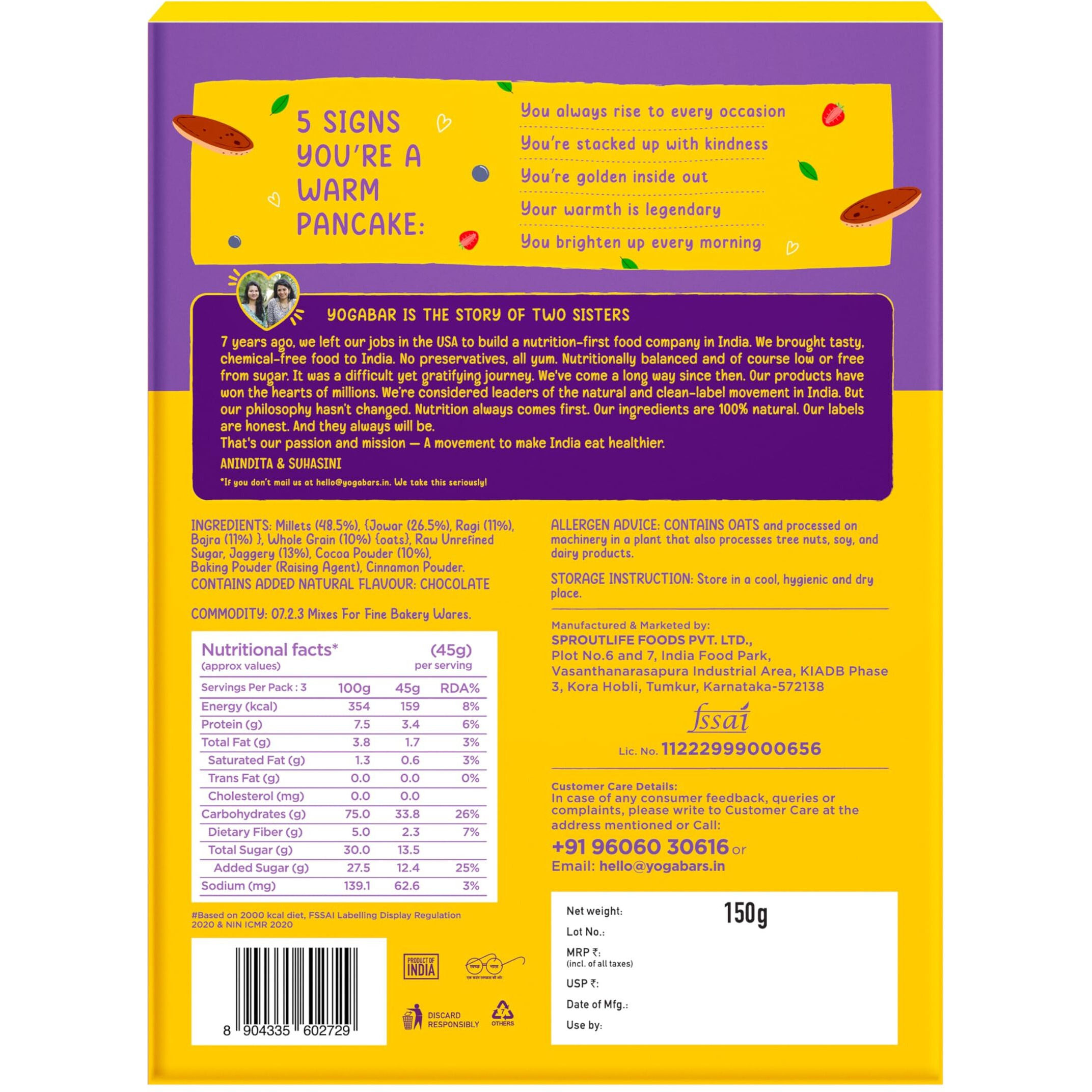Yogabar Pancake Mix, Chocolate Pan Cake Mix Powder, 0 Maida, 0 Preservatives, Goodness Of Jowar, Oats, Bajra, Ragi, Healthy Breakfast For Children, Easy To Make Sunday Breakfast, Pack Of 2 - 150 Gram