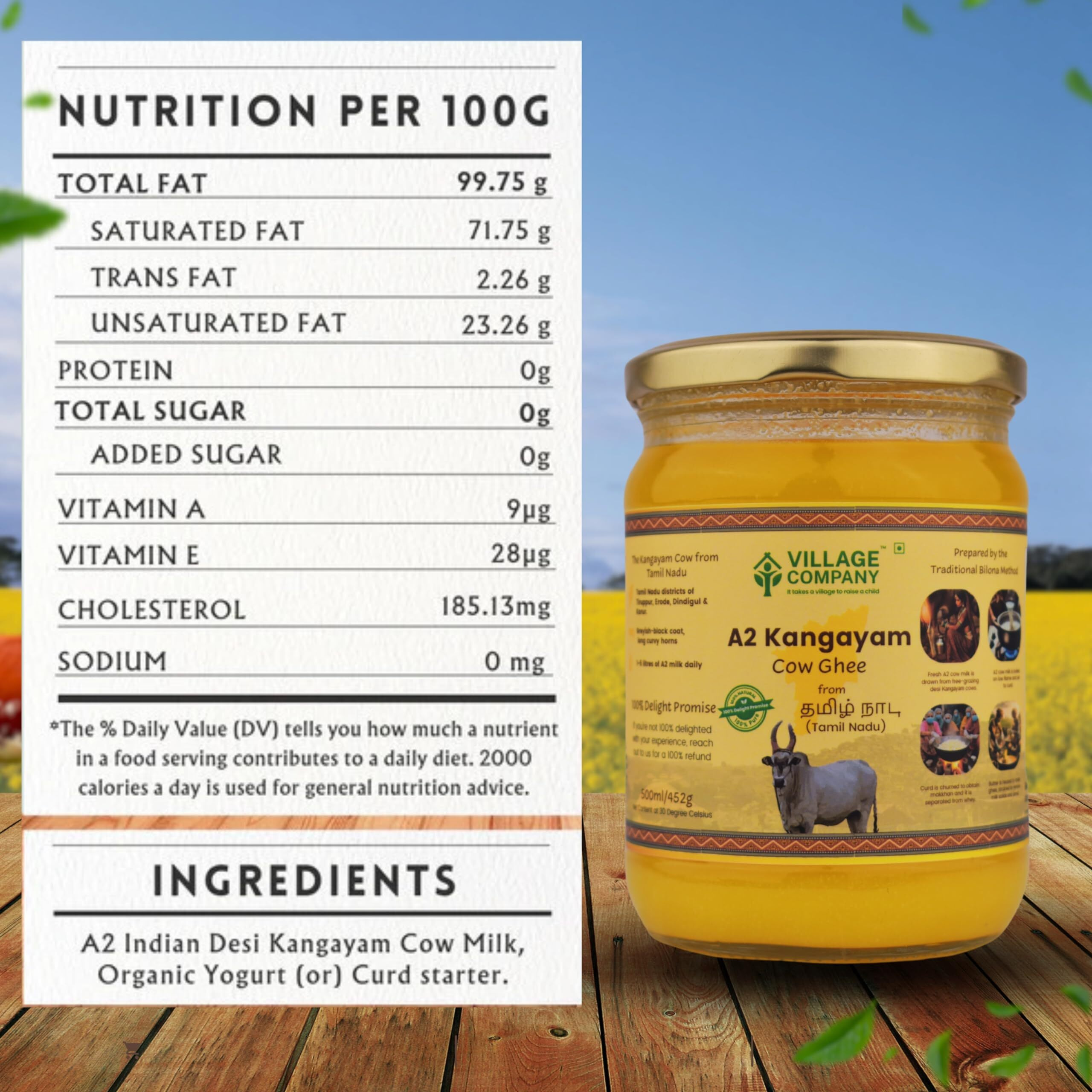 Village Company A2 Bilona Desi Cow Ghee | Bilona Method | Premium, Organic, Traditional | Grass Fed | Kangayam Desi Cow | Lab-Certified | Glass Jar 500ml