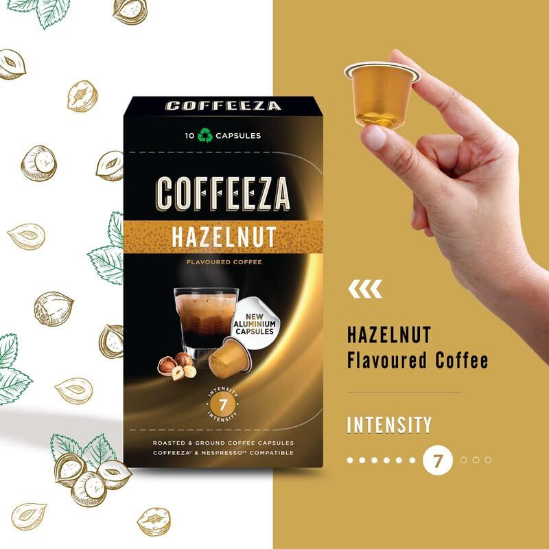 COFFEEZA Hazelnut Flavoured Aluminium Coffee Capsules, Intensity - 7 ,100% Arabica Coffee, Nespresso Compatible Coffee Pods, Box Of 1 (10 Capsules) - 0.1 Kg