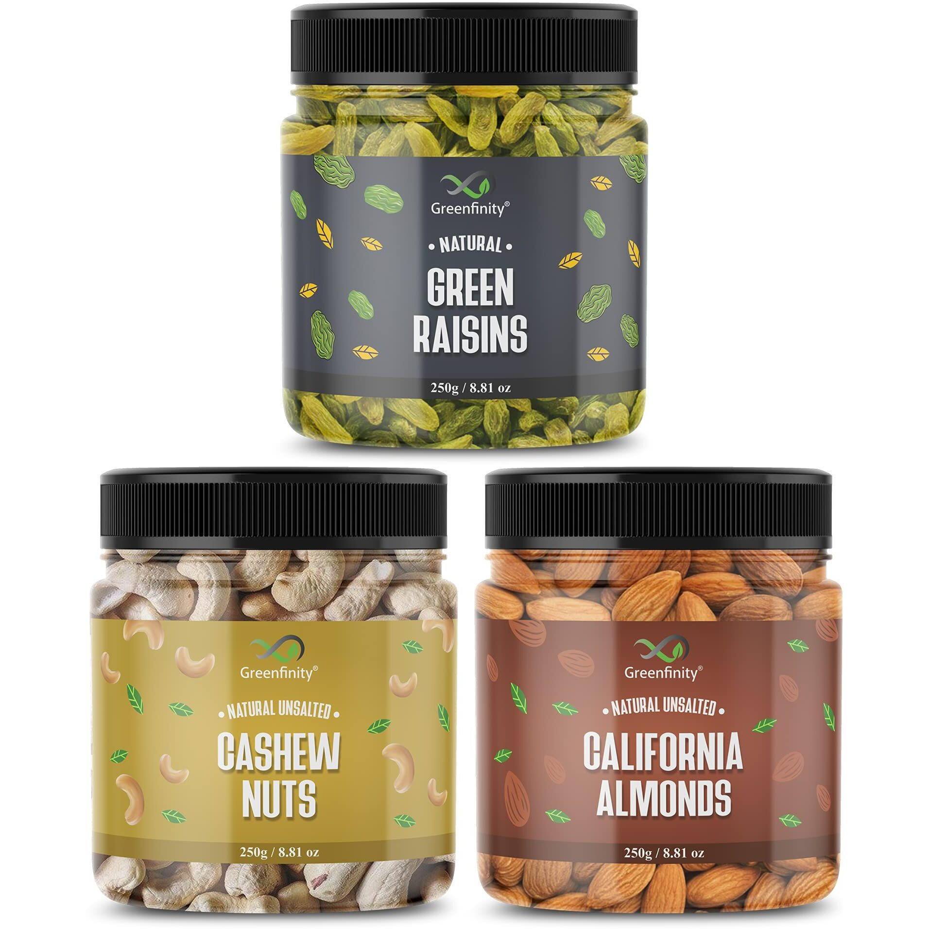 GreenFinity Mixed Dry Fruit (Almonds, Cashew Nuts, Green Raisin - 250g (Pack of 3))