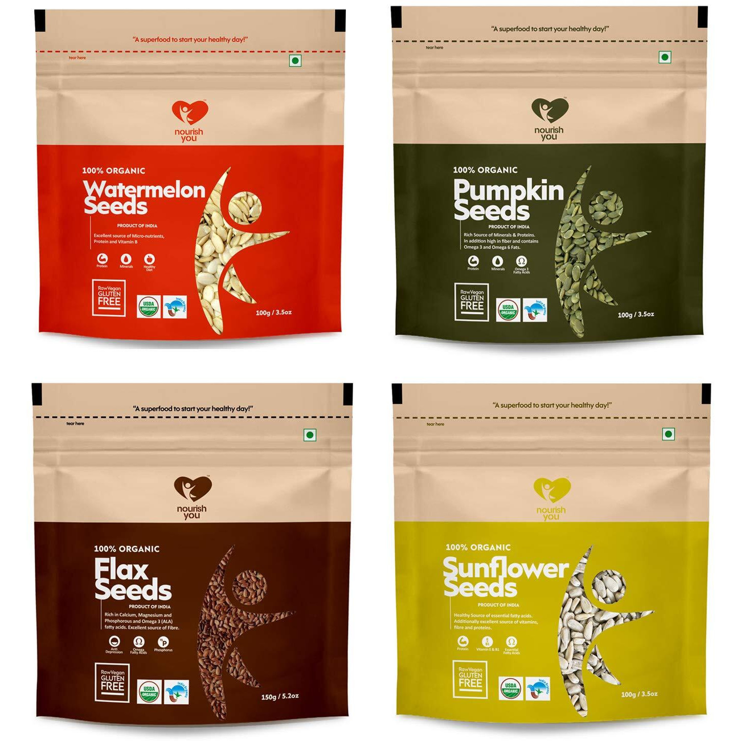 Nourish You Healthy Raw Edible Dry Seeds for Eating 450G | Combo Pack of 4 | USDA Certified Beej | Pumpkin, Sunflower, Watermelon 100g Each | Flax 150g | Superfood | Immunity Booster | Gluten Free