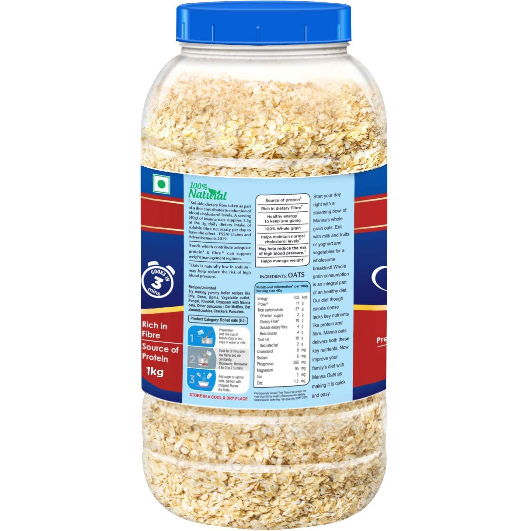 Manna Instant Oats 1Kg Jar | - White Oats High in Fibre and Protein | Helps Maintain Cholesterol. Diabetic Friendly | 100% Natural