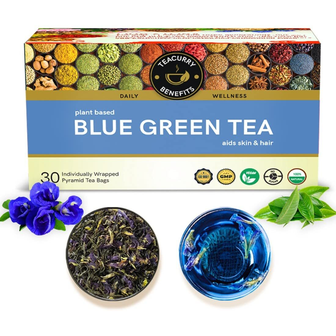 TEACURRY Blue Green Tea(30 Tea Bags) Helps With Weight Loss, Skin Glow, Hair Care, Brain Health Blue Pea Green Tea Blue Butterfly Green Tea For Weight Loss,60 Grams