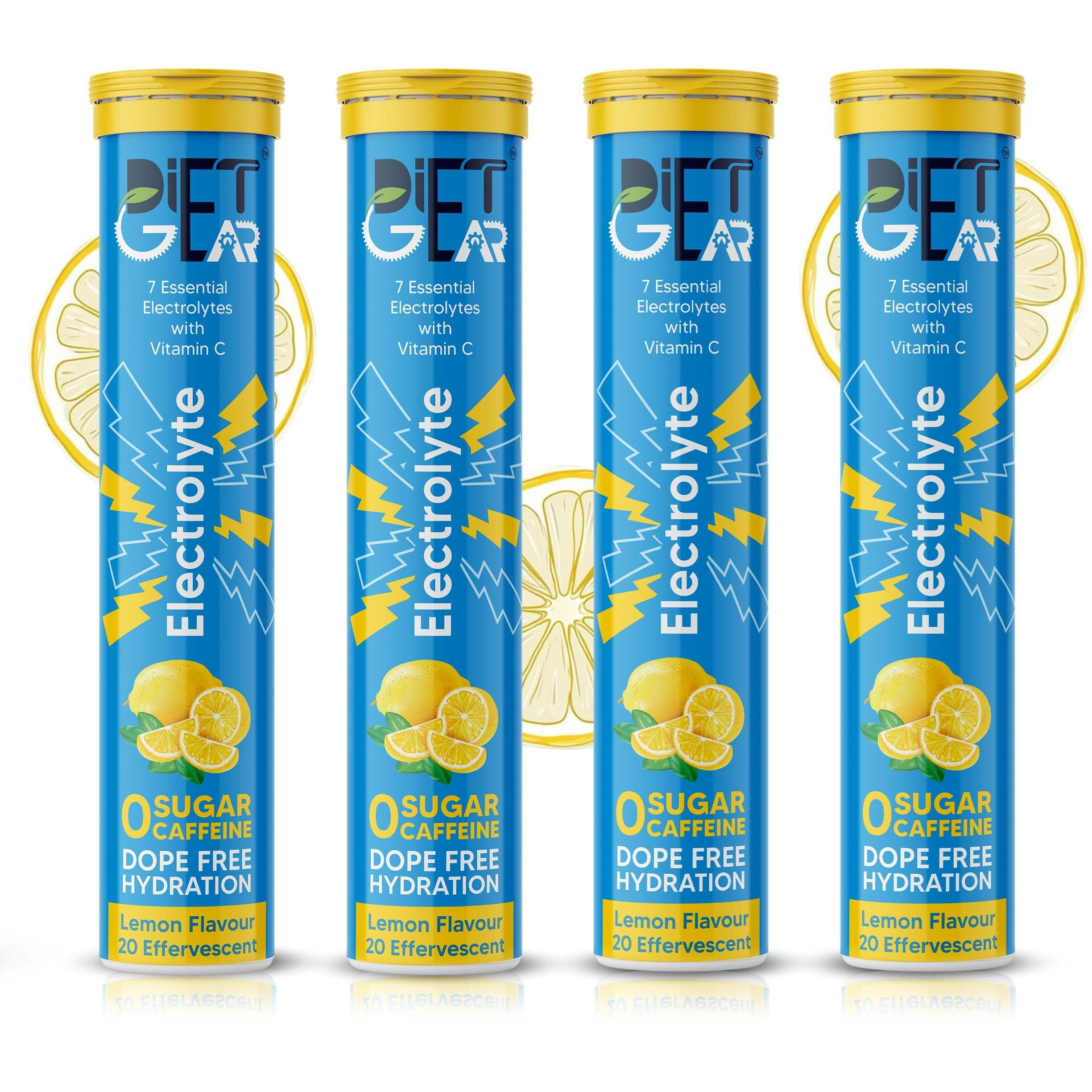 DIET GEAR Energy drink with Electrolytes 80 Effervescent Tablets (20 litre) Zero Sugar, Zero Caffeine | 7 Essential Electrolyte Salts (Na, K, Mg, Ca, Cl, Zn, SO4) + Vitamin C | Lemon