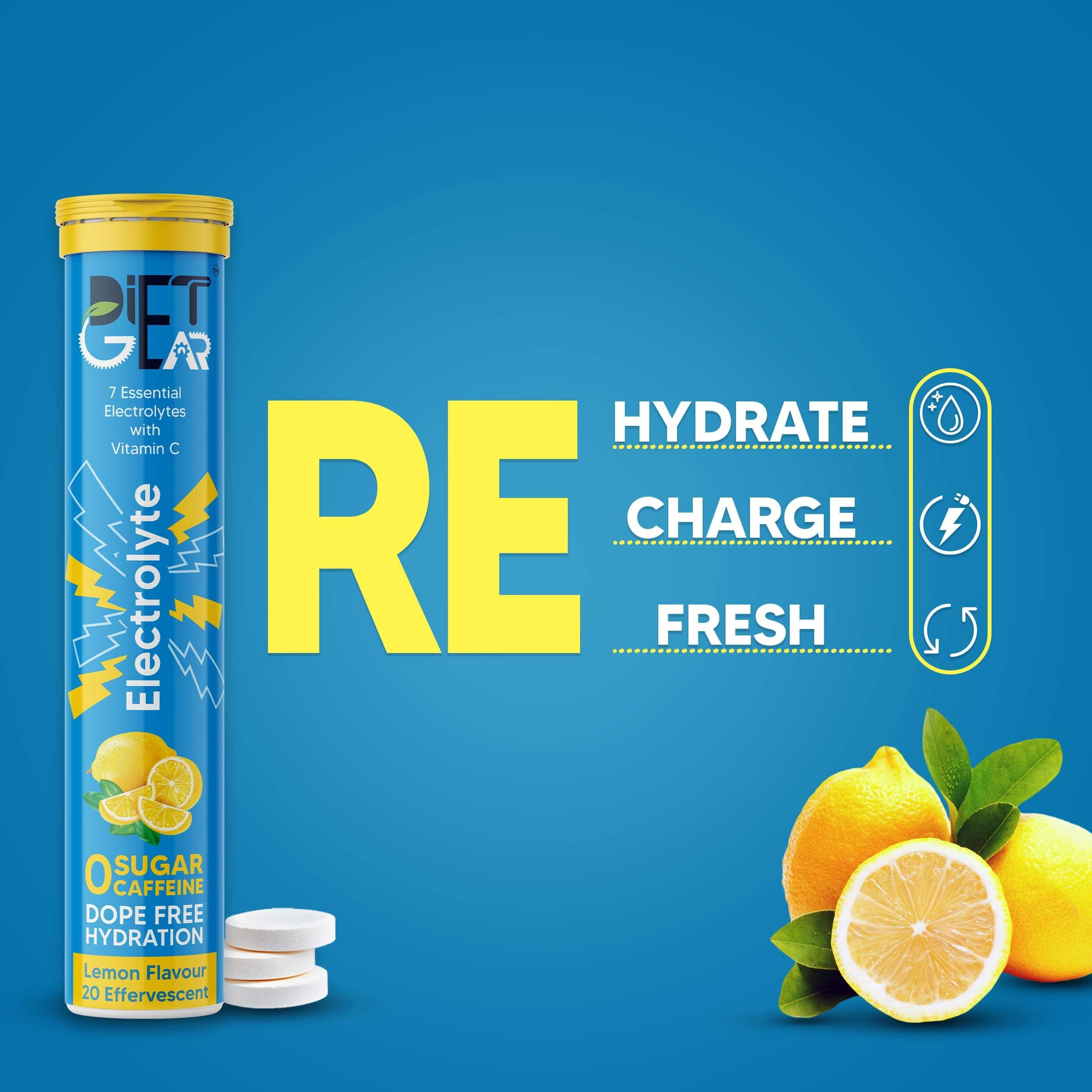 DIET GEAR Energy drink with Electrolytes 80 Effervescent Tablets (20 litre) Zero Sugar, Zero Caffeine | 7 Essential Electrolyte Salts (Na, K, Mg, Ca, Cl, Zn, SO4) + Vitamin C | Lemon