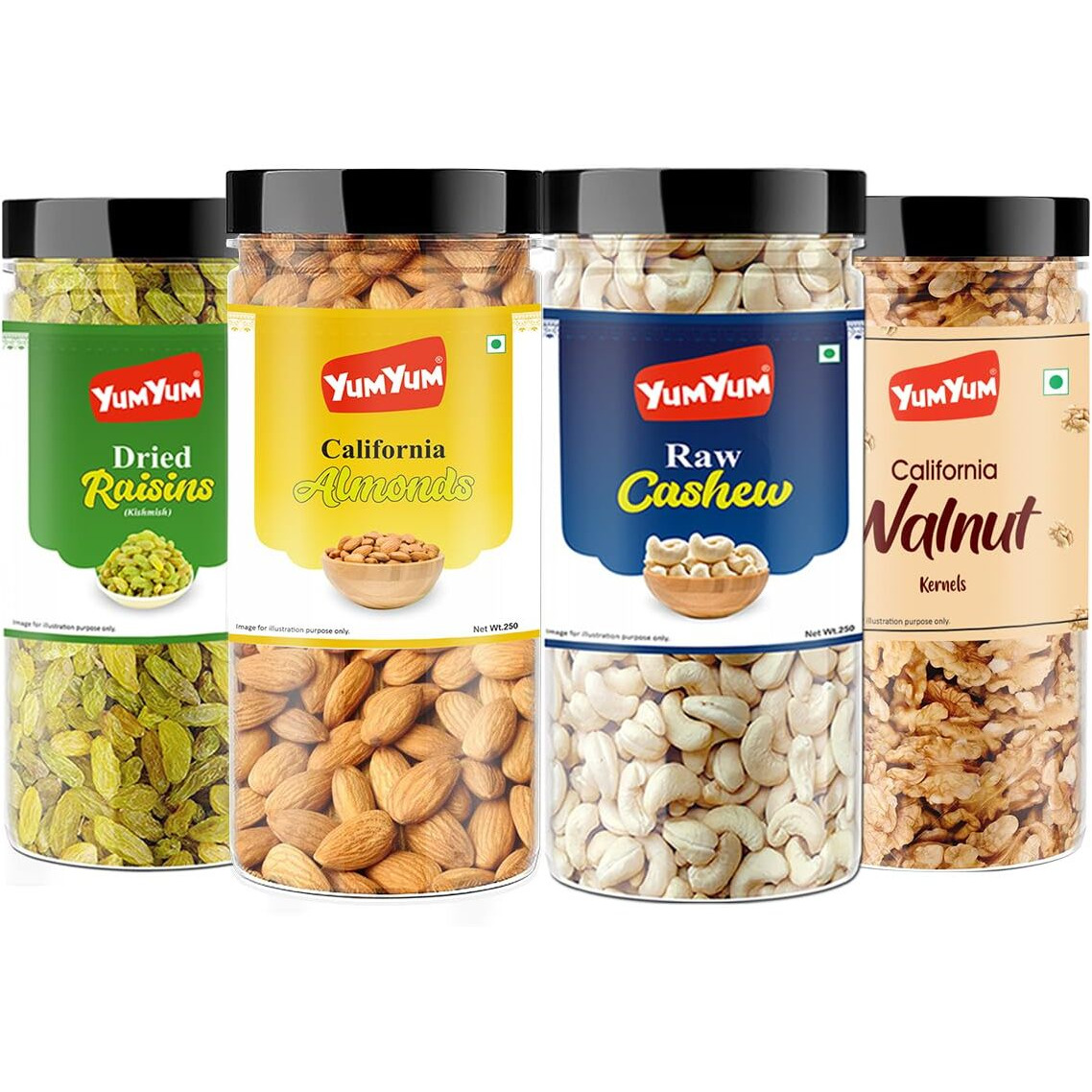 YUM YUM Dry fruits 1kg combo pack of Almonds, Cashew, Raisins & Walnut Kernels 250g Each Almonds, Cashews, Raisins, Walnuts