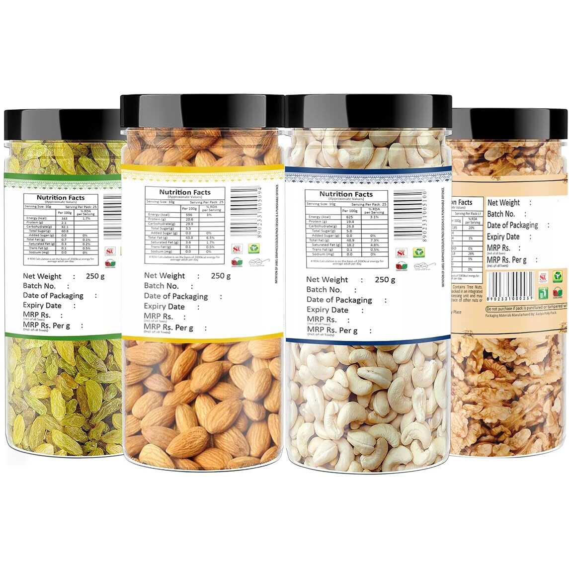YUM YUM Dry fruits 1kg combo pack of Almonds, Cashew, Raisins & Walnut Kernels 250g Each Almonds, Cashews, Raisins, Walnuts