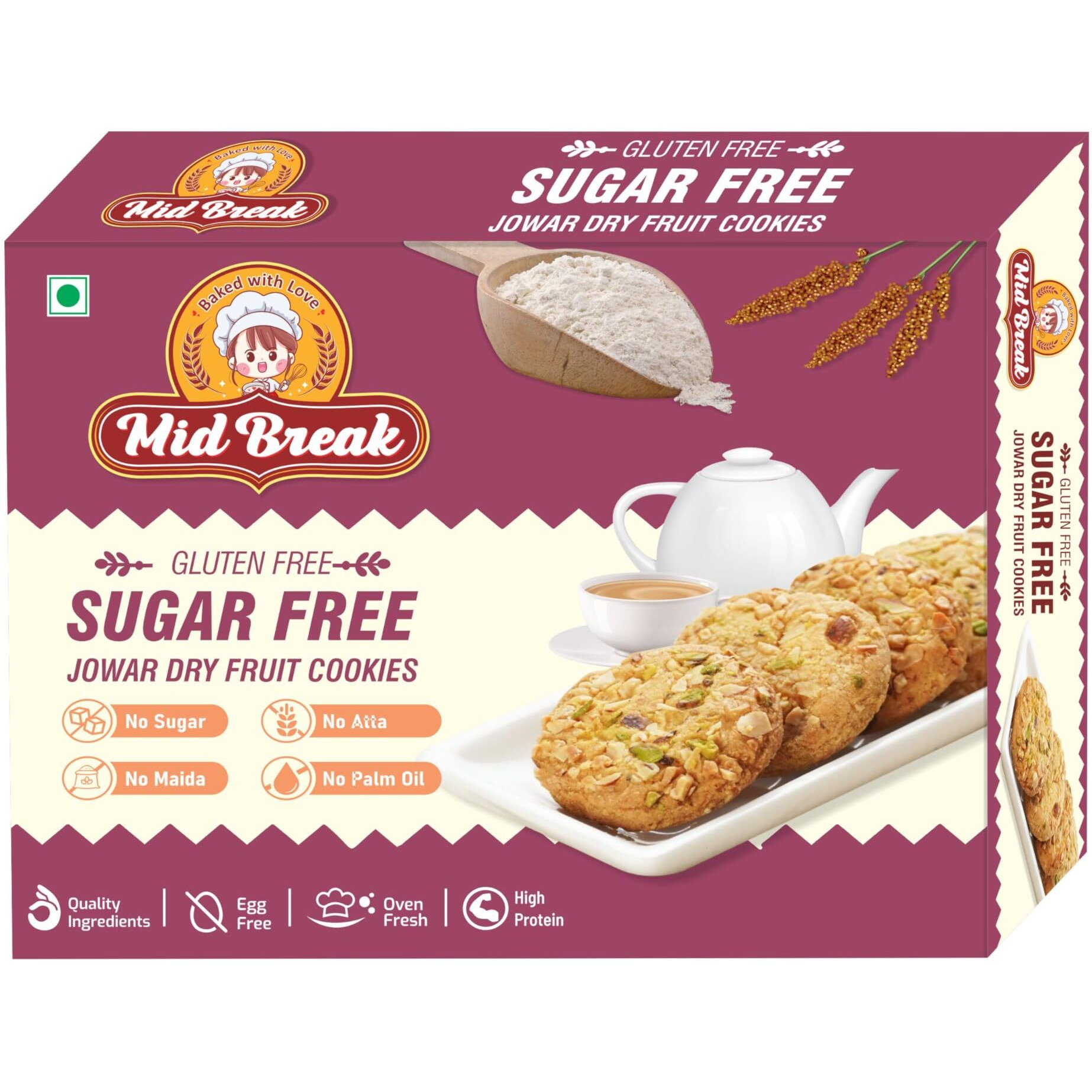 Midbreak Sugar Free Jowar (Sorghum) Millets & Dry Fruit Cookies | Gluten-Free | Ideal for Diabetics, Calorie Watchers, and Gym Goers | Pack of 1 | 200g