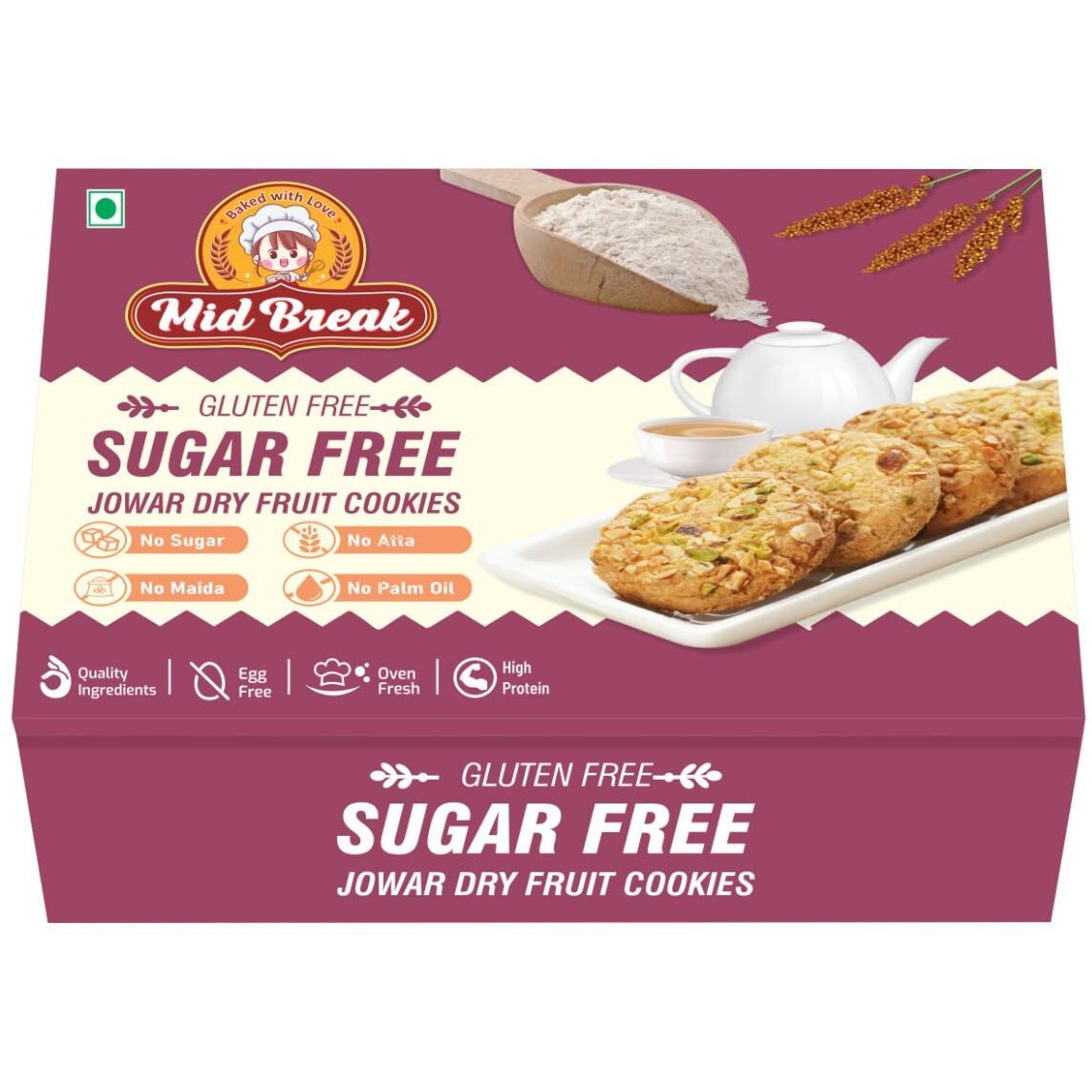 Midbreak Sugar Free Jowar (Sorghum) Millets & Dry Fruit Cookies | Gluten-Free | Ideal for Diabetics, Calorie Watchers, and Gym Goers | Pack of 1 | 200g