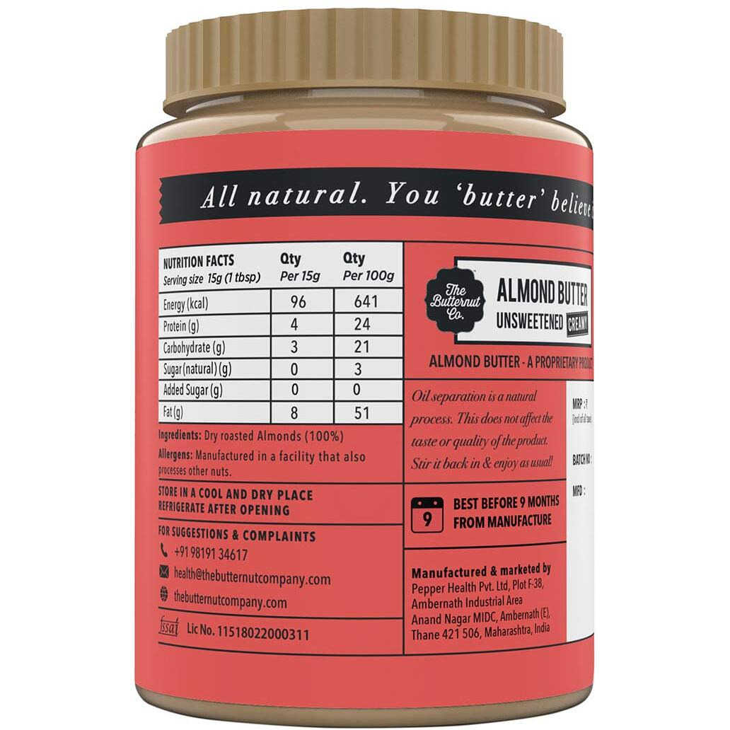 The Butternut Co. Almond Butter Unsweetened Creamy, 1 Kg (Pack Of 2)