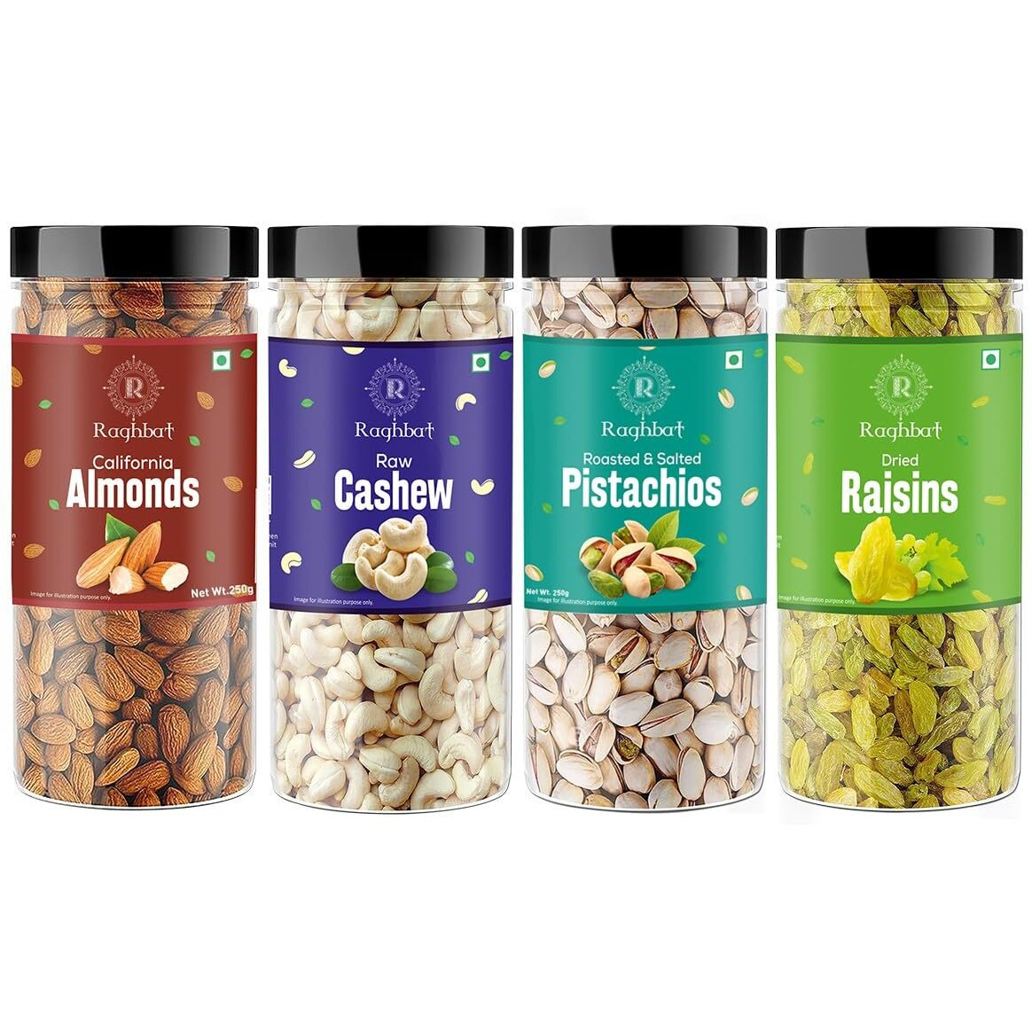 Raghbat Premium Dry Fruits Combo Pack - Almonds, Cashews, Pistachios, and Raisins - 250g Jars for Healthy Snacking and Gifting.