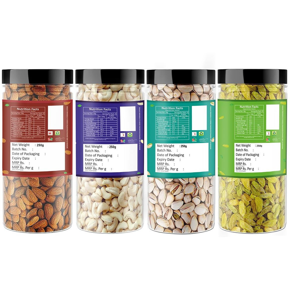 Raghbat Premium Dry Fruits Combo Pack - Almonds, Cashews, Pistachios, and Raisins - 250g Jars for Healthy Snacking and Gifting.